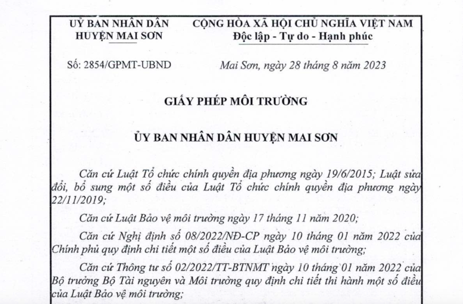 GIẤY PHÉP MÔI TRƯỜNG NHÀ MÁY CHẾ BIẾN CÀ PHÊ SƠN LA